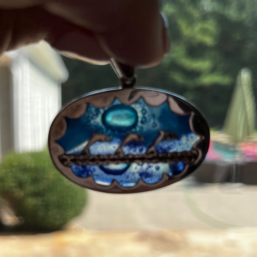 Vintage 925 Silver and Blue Blown Glass Pendant of Dophins Swimming in Waves
